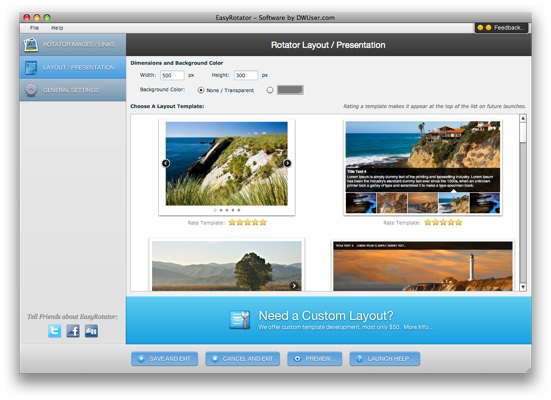 ~ Layout View ~<br/>Customize dimensions and background color, then select from almost two dozen built-in templates.